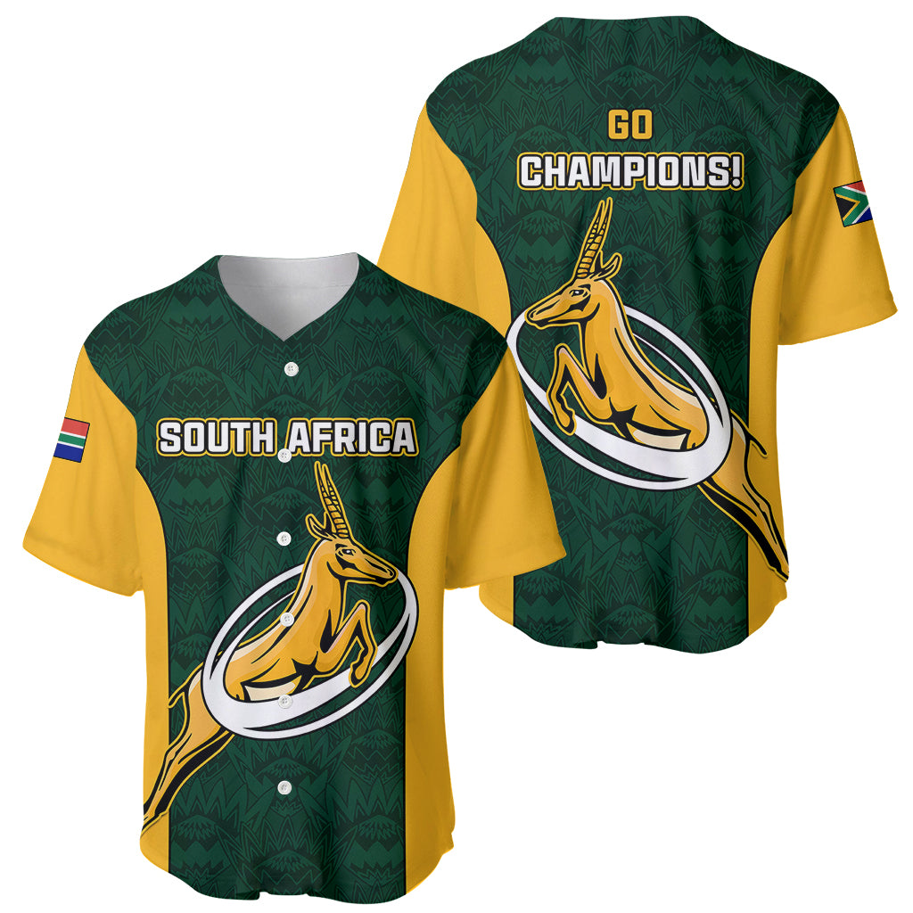 Green rugby baseball jersey shown front and back: 'South Africa' and 'Go Champions!' with Springbok.