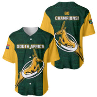 Green rugby baseball jersey shown front and back: 'South Africa' and 'Go Champions!' with Springbok.
