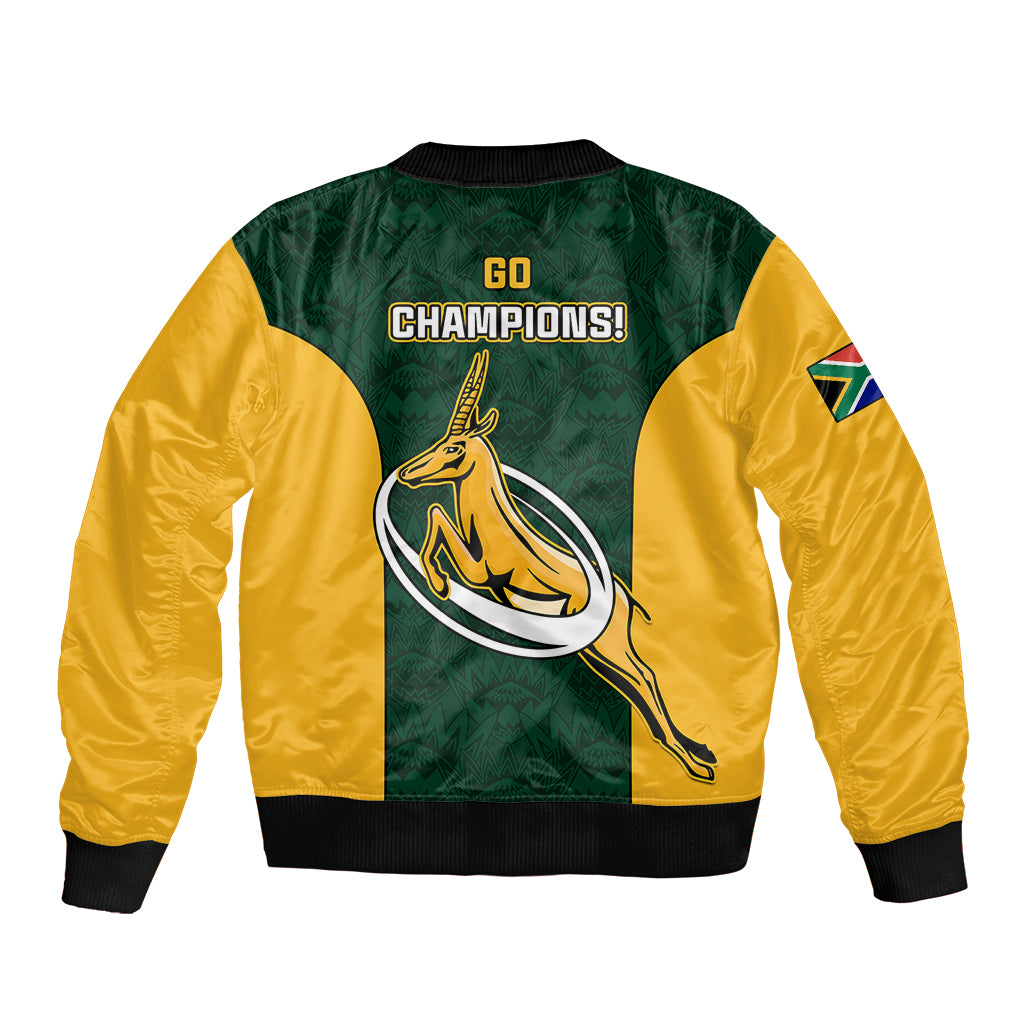 Unisex South Africa rugby bomber jacket, green and yellow with 'Go Champions' back print