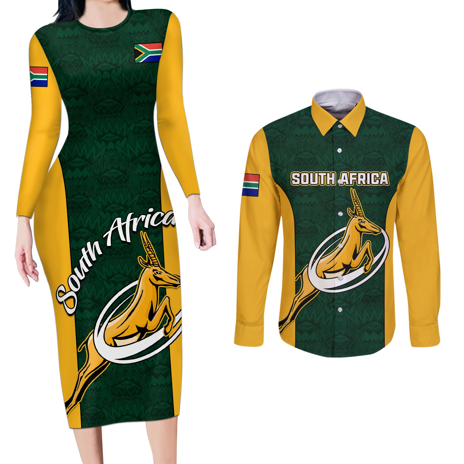 South Africa Rugby Couples Matching Long Sleeve Bodycon Dress and Long Sleeve Button Shirts Springboks Go Champions Protea Pattern - Wonder Print Shop