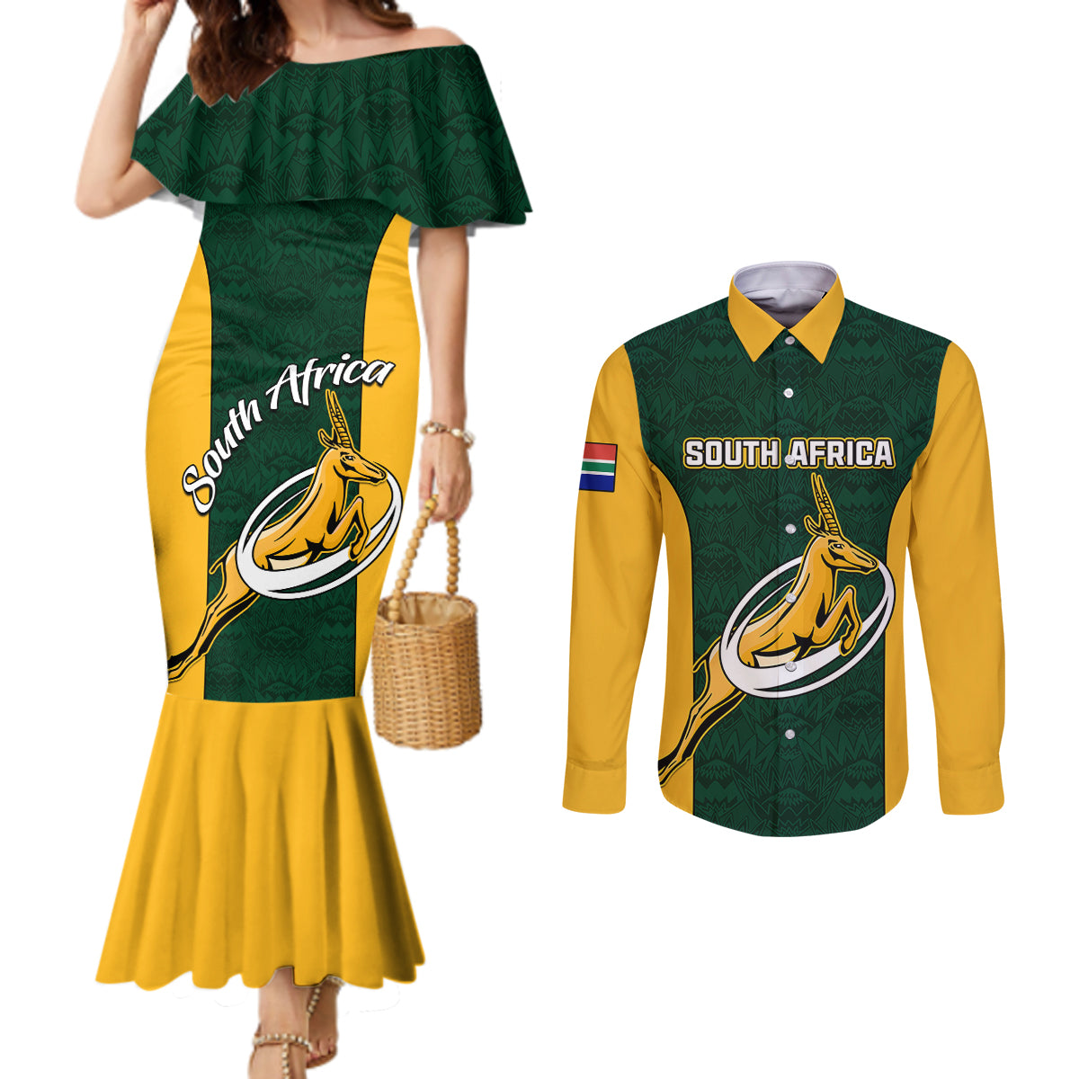 South Africa Rugby Couples Matching Mermaid Dress and Long Sleeve Button Shirts Springboks Go Champions Protea Pattern LT01