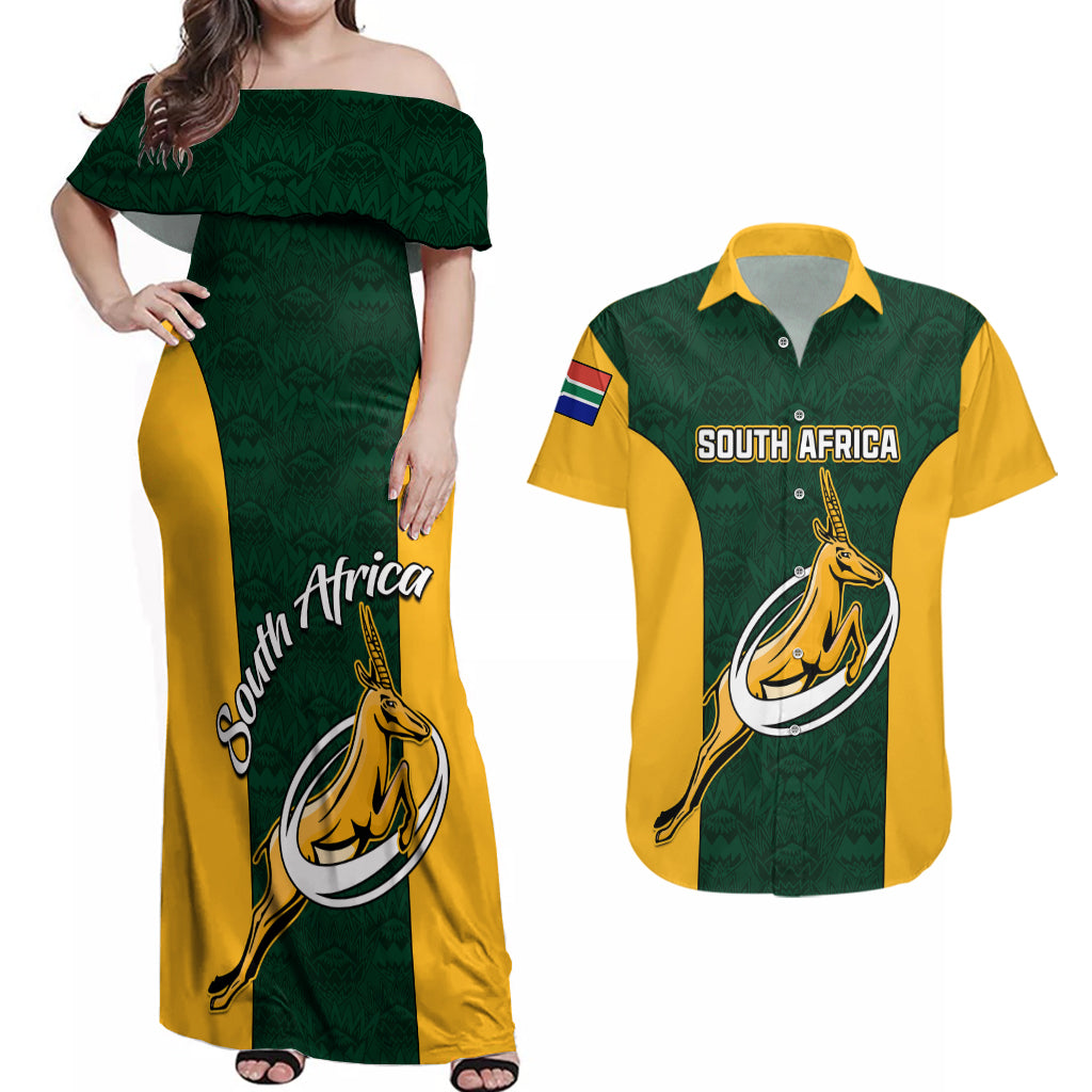 South Africa Rugby Couples Matching Off Shoulder Maxi Dress and Hawaiian Shirt Springboks Go Champions Protea Pattern - Wonder Print Shop