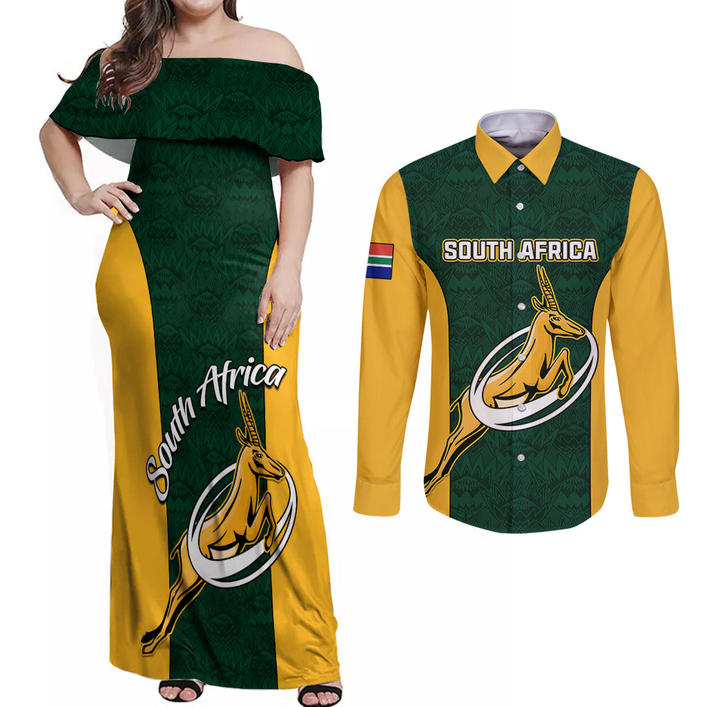 South Africa Rugby Couples Matching Off Shoulder Maxi Dress and Long Sleeve Button Shirts Springboks Go Champions Protea Pattern - Wonder Print Shop