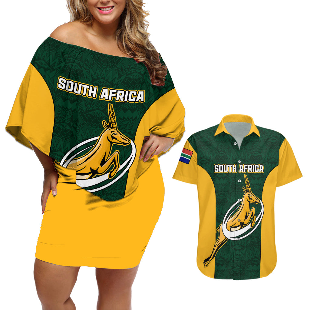 South Africa Rugby Couples Matching Off Shoulder Short Dress and Hawaiian Shirt Springboks Go Champions Protea Pattern - Wonder Print Shop