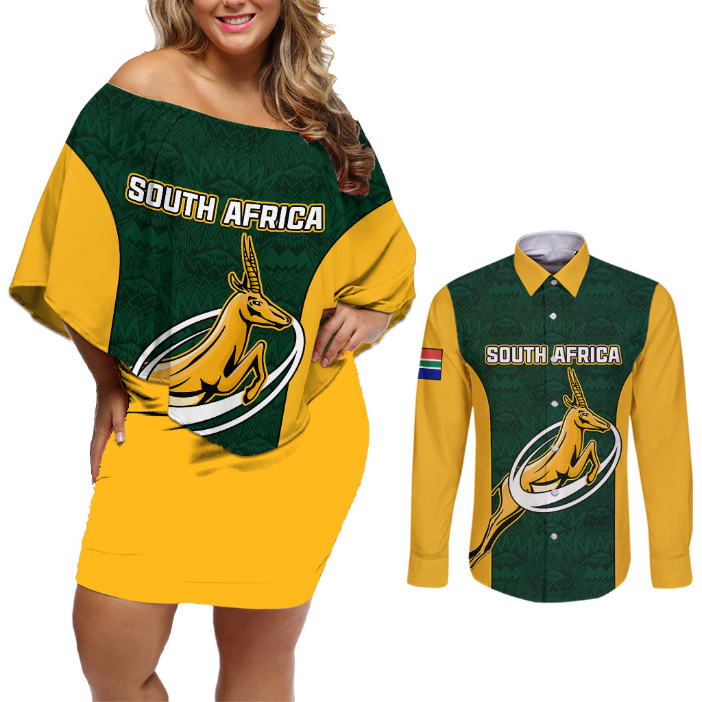 South Africa Rugby Couples Matching Off Shoulder Short Dress and Long Sleeve Button Shirts Springboks Go Champions Protea Pattern - Wonder Print Shop