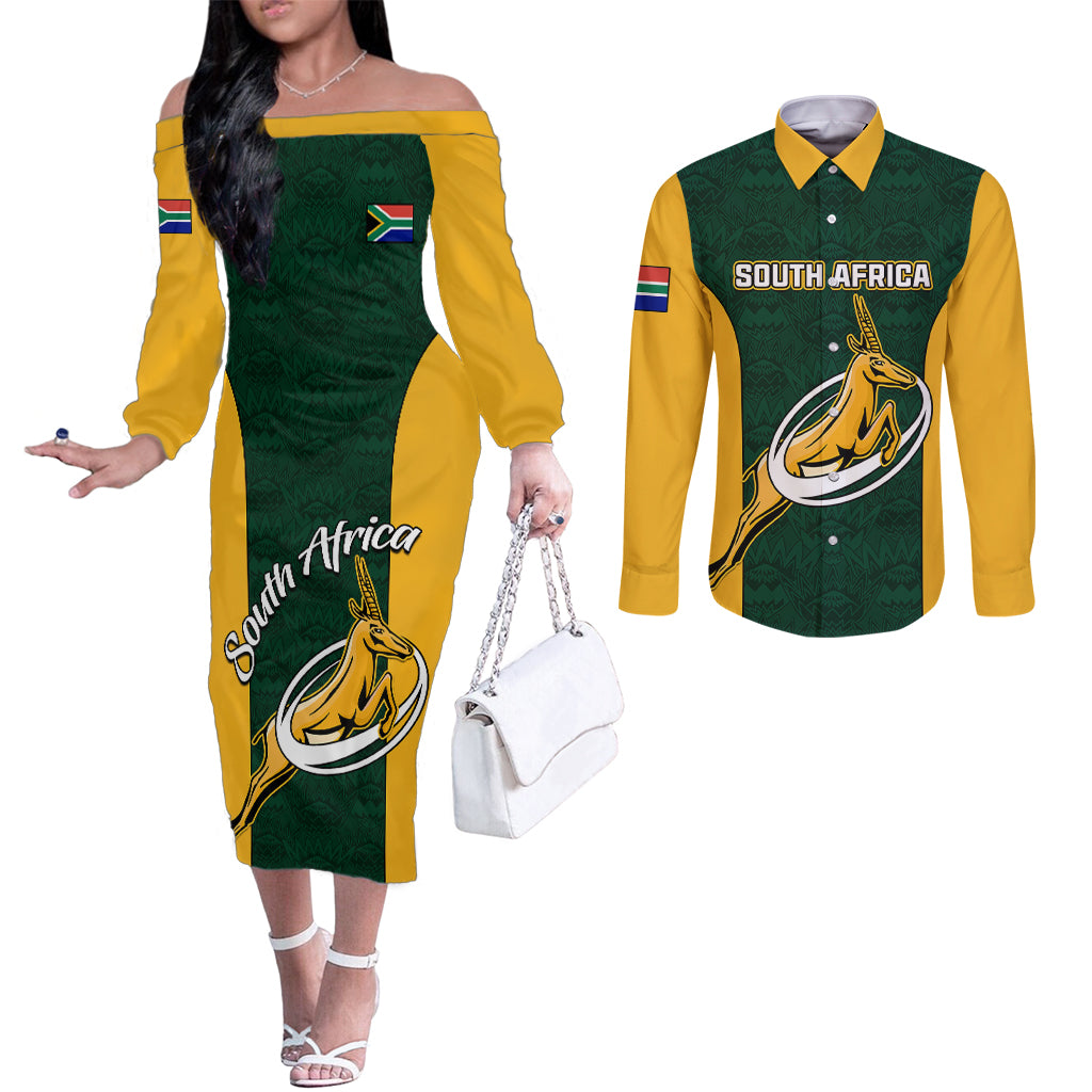 South Africa Rugby Couples Matching Off The Shoulder Long Sleeve Dress and Long Sleeve Button Shirts Springboks Go Champions Protea Pattern LT01