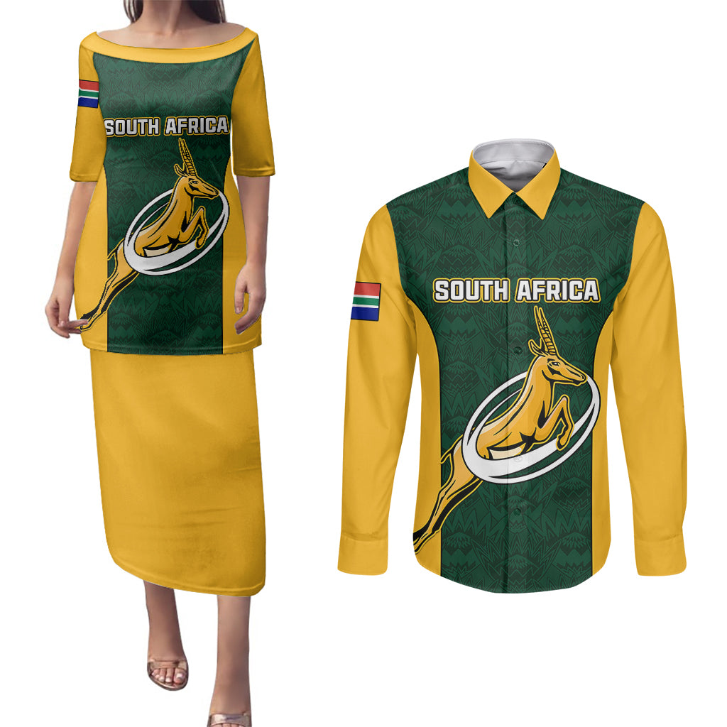 South Africa Rugby Couples Matching Puletasi Dress and Long Sleeve Button Shirts Springboks Go Champions Protea Pattern - Wonder Print Shop