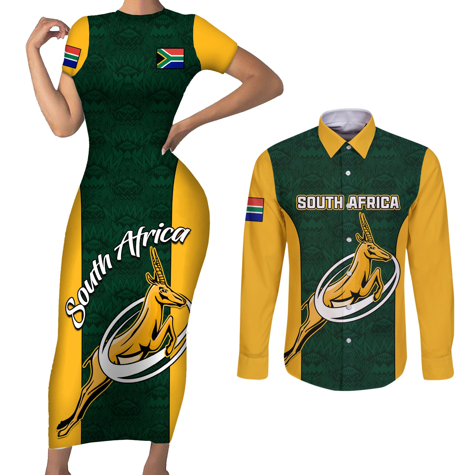 South Africa Rugby Couples Matching Short Sleeve Bodycon Dress and Long Sleeve Button Shirts Springboks Go Champions Protea Pattern - Wonder Print Shop