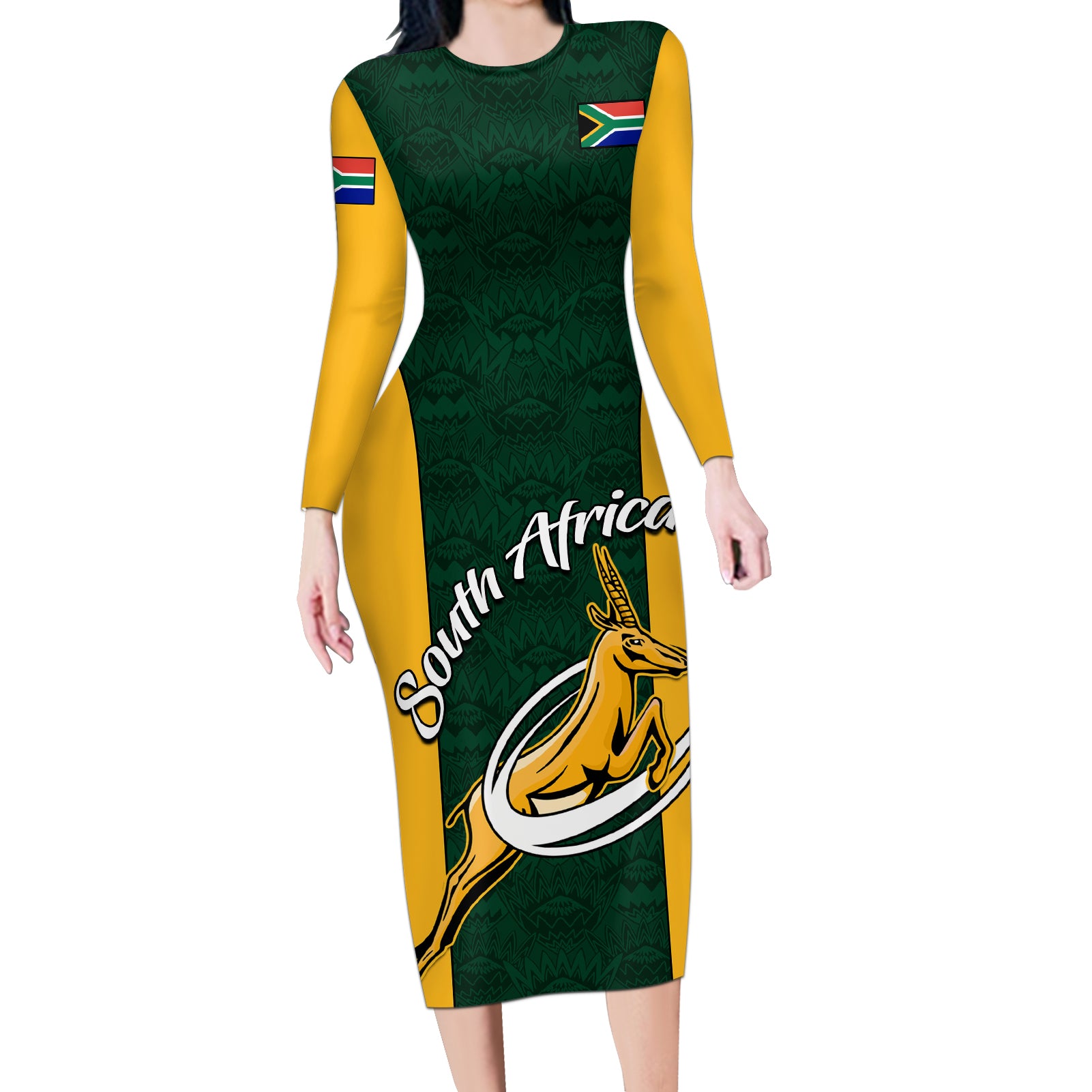 South Africa Rugby Long Sleeve Bodycon Dress Springboks Go Champions Protea Pattern - Wonder Print Shop