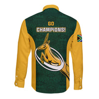 Green and yellow long-sleeve rugby button shirt with back print GO CHAMPIONS!