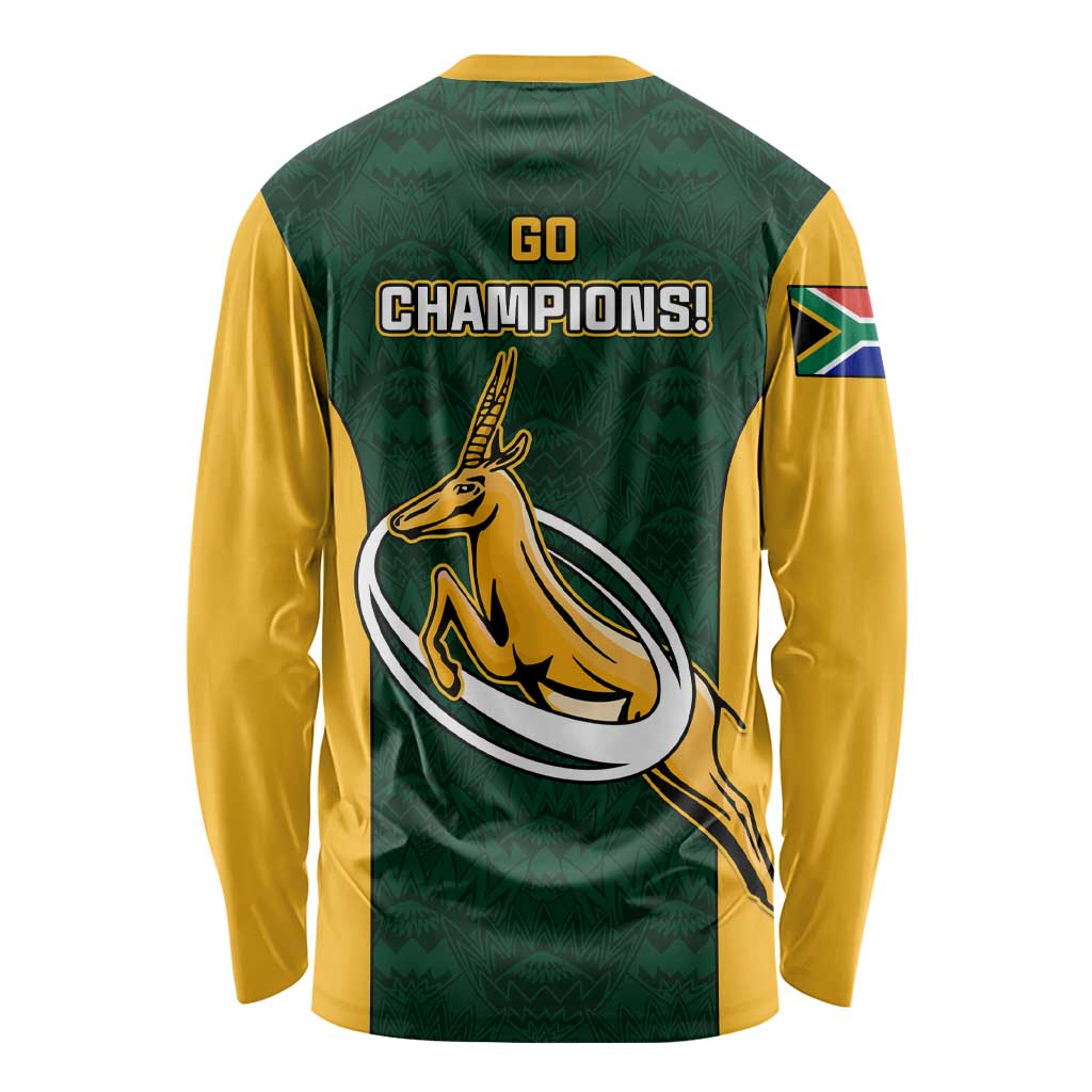 Green long-sleeve rugby shirt with 'GO CHAMPIONS!' back print, yellow sleeves, springbok