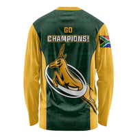 Green long-sleeve rugby shirt with 'GO CHAMPIONS!' back print, yellow sleeves, springbok