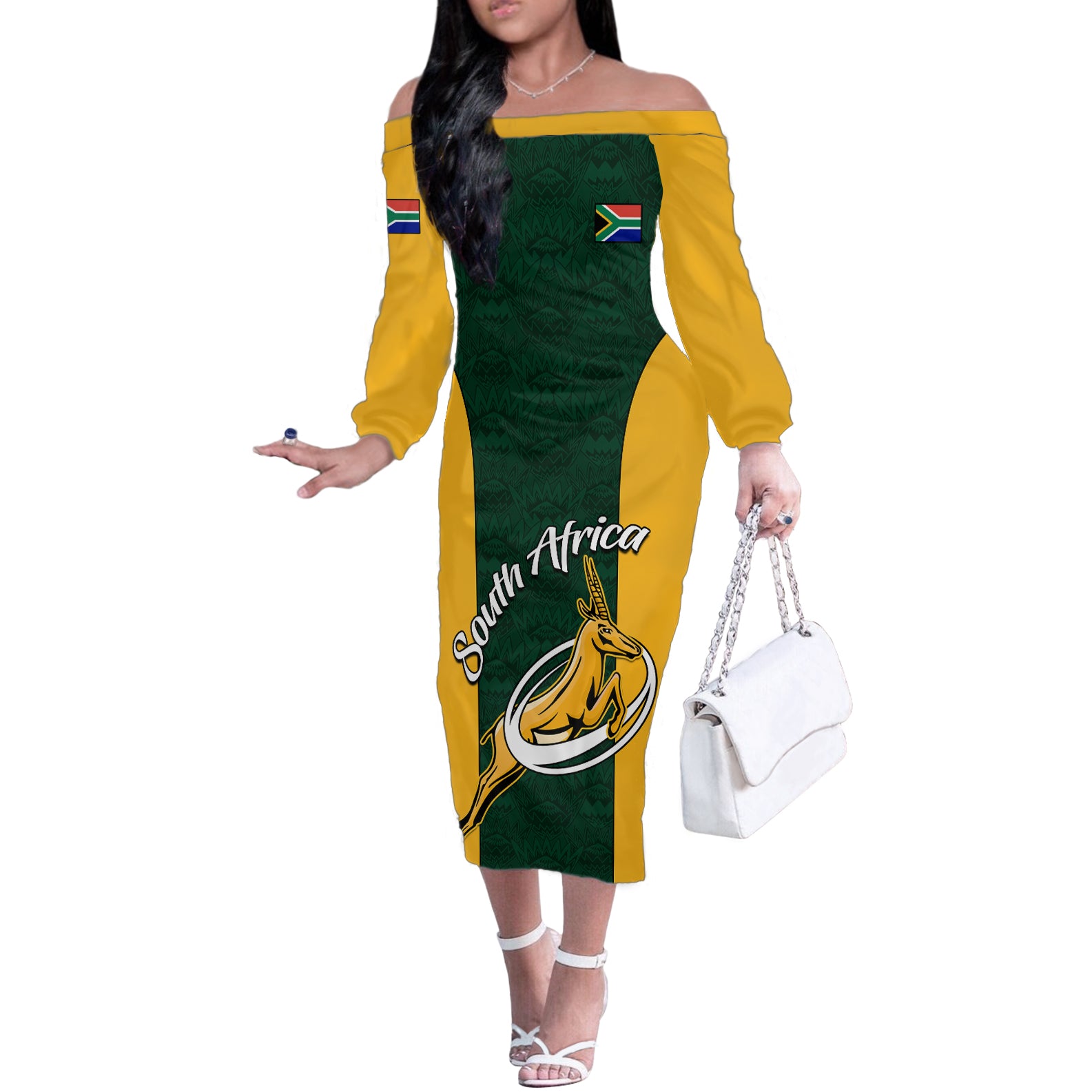 South Africa Rugby Off The Shoulder Long Sleeve Dress Springboks Go Champions Protea Pattern - Wonder Print Shop