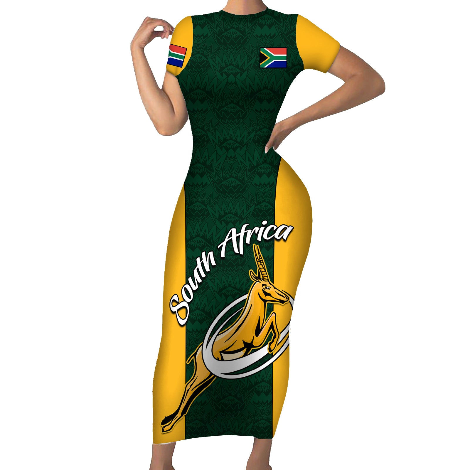 South Africa Rugby Short Sleeve Bodycon Dress Springboks Go Champions Protea Pattern - Wonder Print Shop