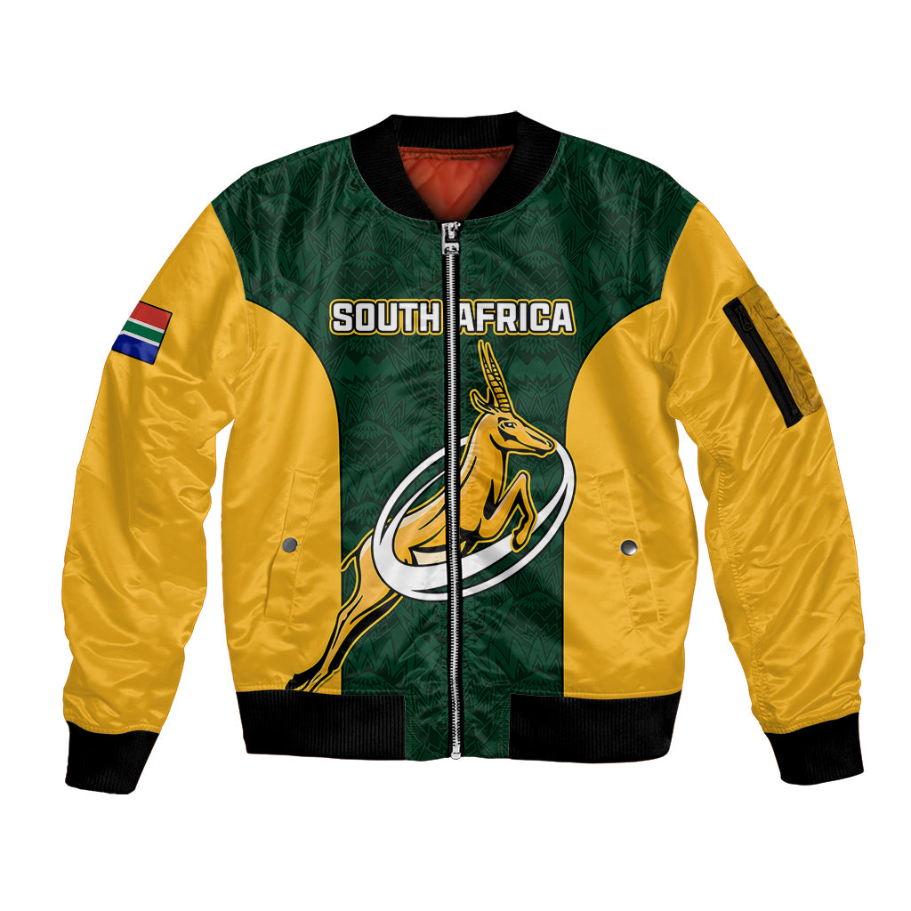 South Africa Rugby Sleeve Zip Bomber Jacket Springboks Go Champions Protea Pattern - Wonder Print Shop