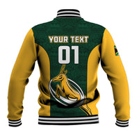 Rugby baseball jacket back in green/yellow with bull mascot and custom number LT01