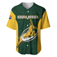 Men's green and yellow rugby baseball jersey with South Africa print, V-neck buttons