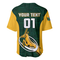 Men's green and yellow rugby baseball jersey with 'YOUR TEXT' 01 and springbok logo