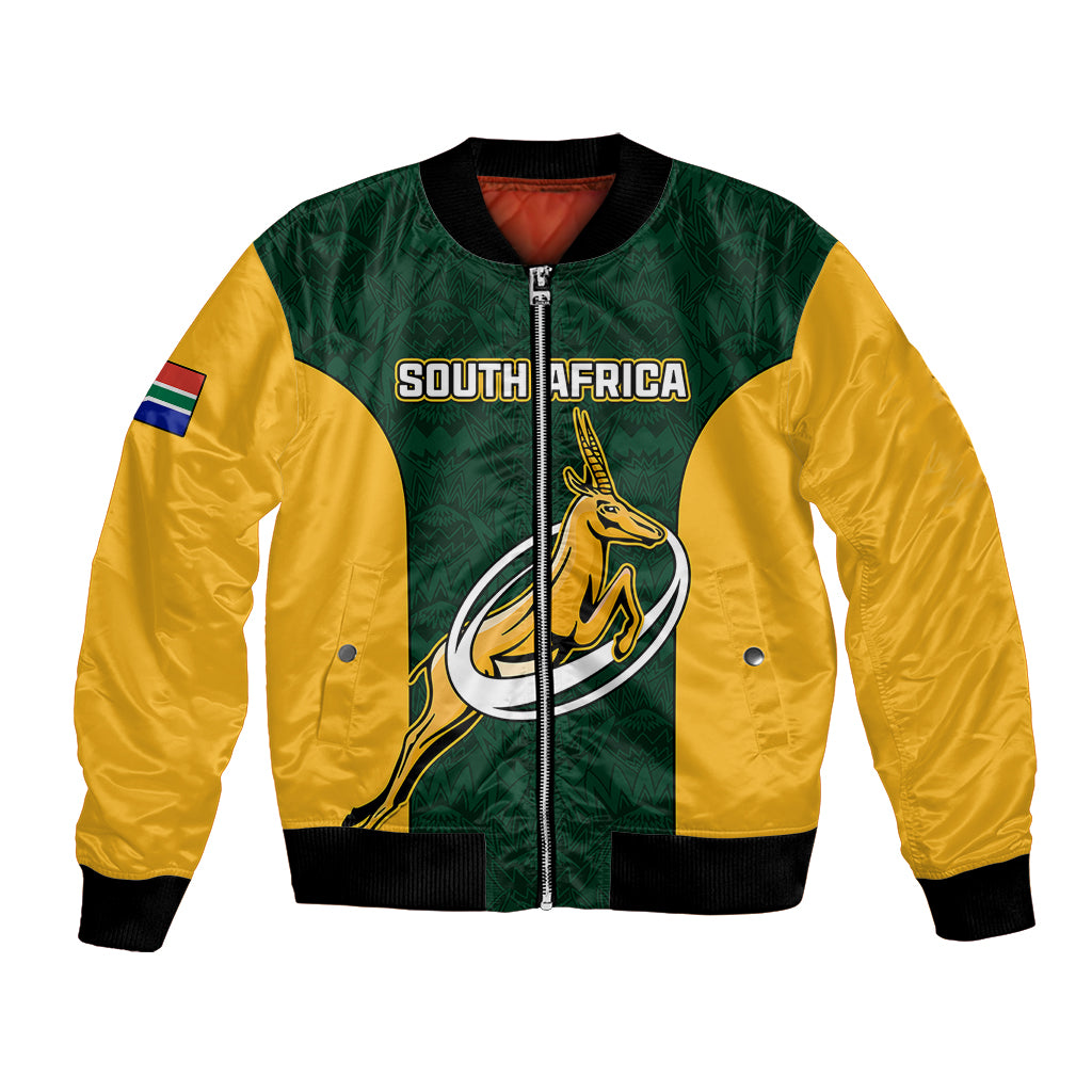 Unisex green and yellow rugby bomber jacket, full-zip front, South Africa crest graphic