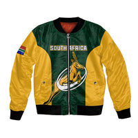 Unisex green and yellow rugby bomber jacket, full-zip front, South Africa crest graphic