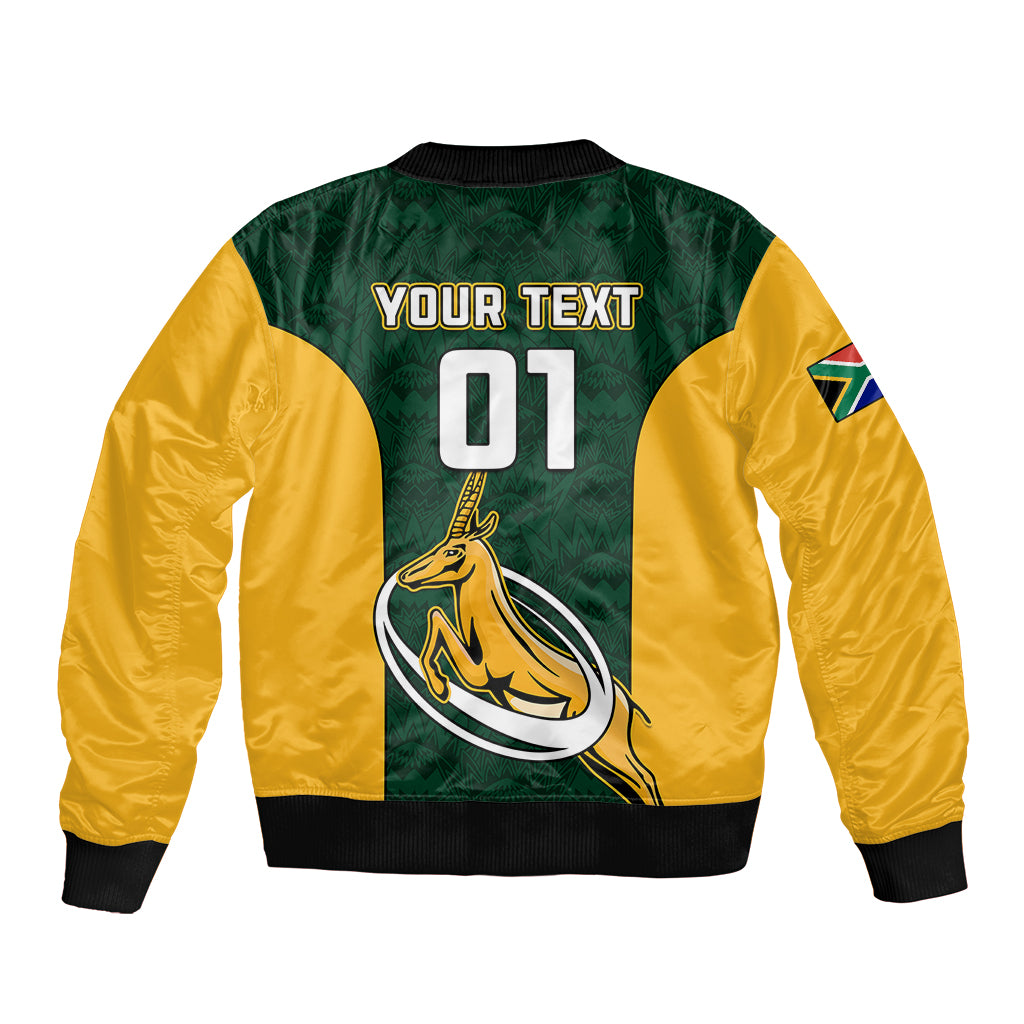 Unisex green and yellow rugby bomber jacket back, ribbed hem, 01 number with antelope graphic