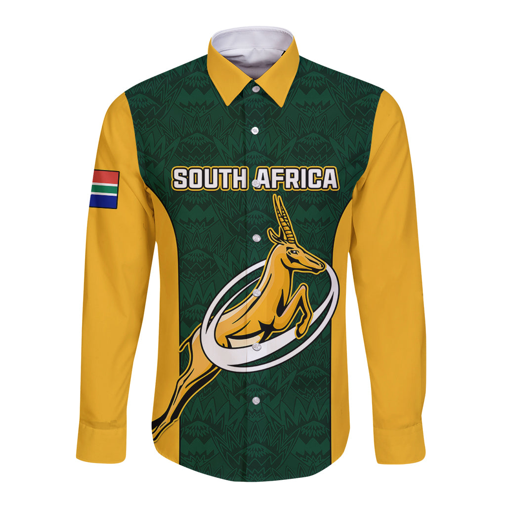 Long sleeve button rugby shirt in green and yellow with front South Africa graphic