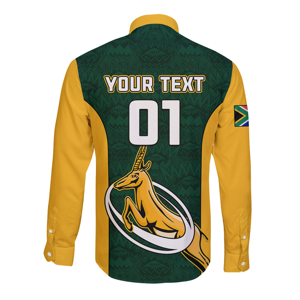Long sleeve button rugby shirt in green patterned back with YOUR TEXT 01 and antelope graphic