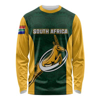 Unisex long sleeve rugby shirt in green with yellow sleeves, South Africa crest front