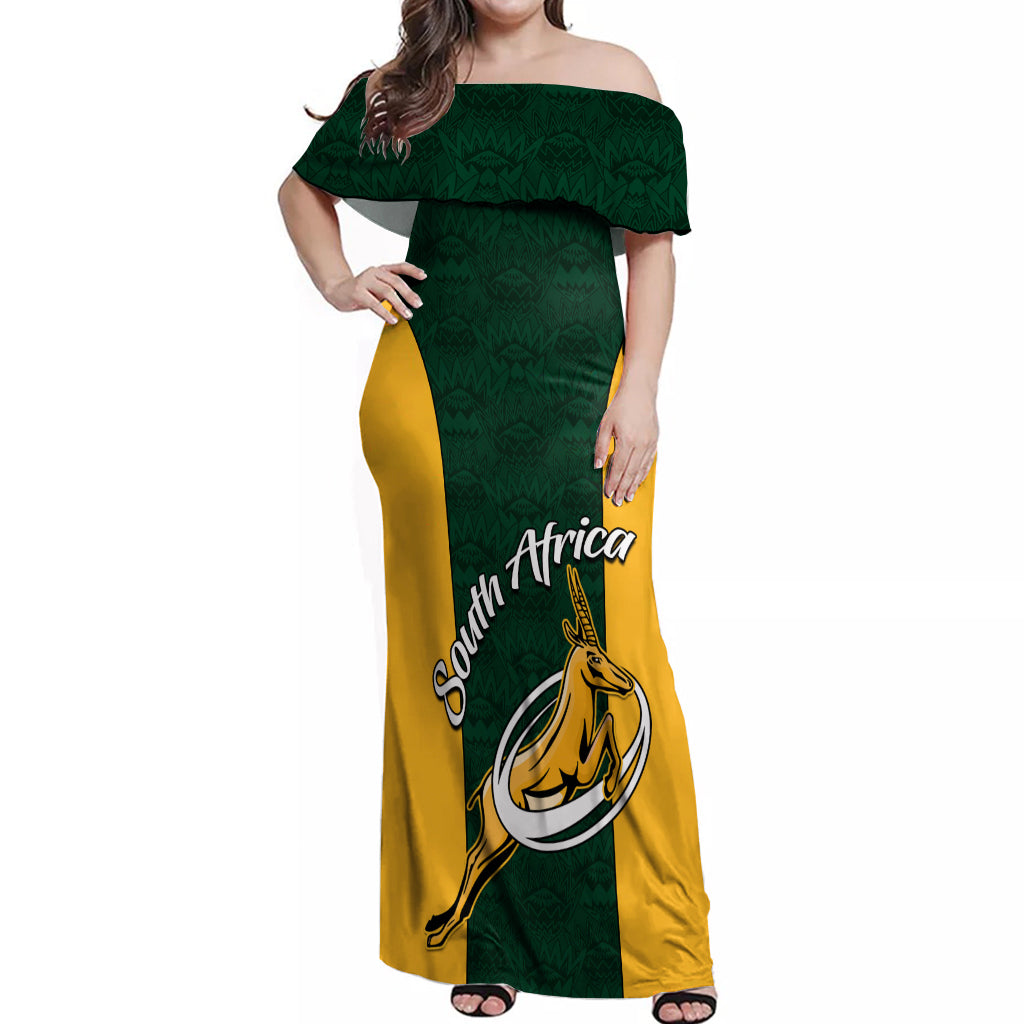 Custom South Africa Rugby Off Shoulder Maxi Dress Springboks Go Champions Protea Pattern LT01