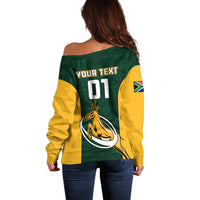 Women’s off-shoulder sweater back print: YOUR TEXT 01 with emblem and small South Africa flag
