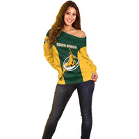 Women’s green-and-yellow off-shoulder rugby sweater with South Africa graphic front panel