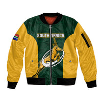 Green and yellow unisex zip bomber jacket with ribbed trim and South Africa crest on front