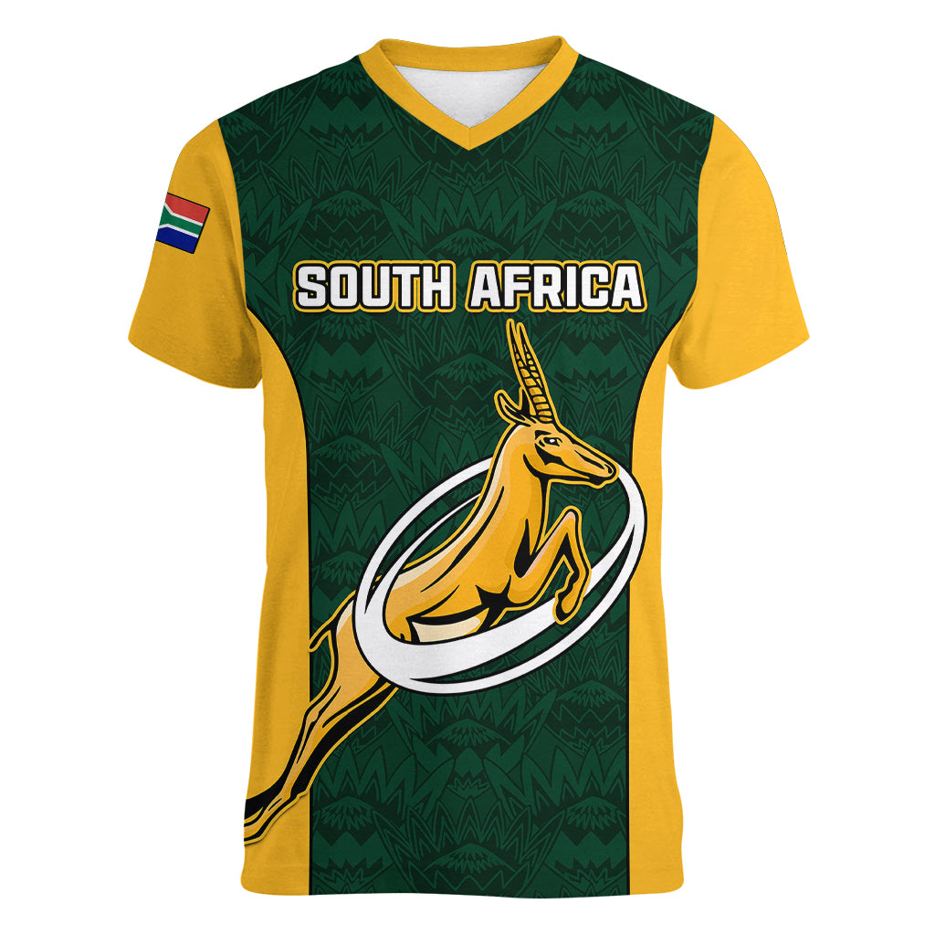 Custom South Africa Rugby Women V Neck T Shirt Springboks Go Champions Protea Pattern - Wonder Print Shop