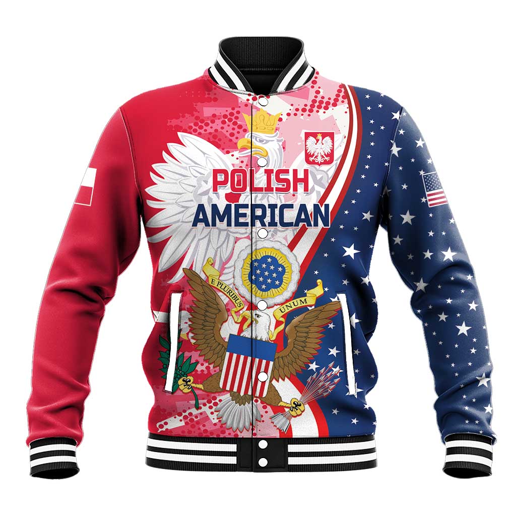 Red and navy baseball jacket with striped collar, eagle graphic front, snap buttons