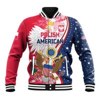 Red and navy baseball jacket with striped collar, eagle graphic front, snap buttons