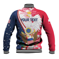 Baseball jacket back with red-and-navy eagle graphic and 'YOUR TEXT', striped cuffs