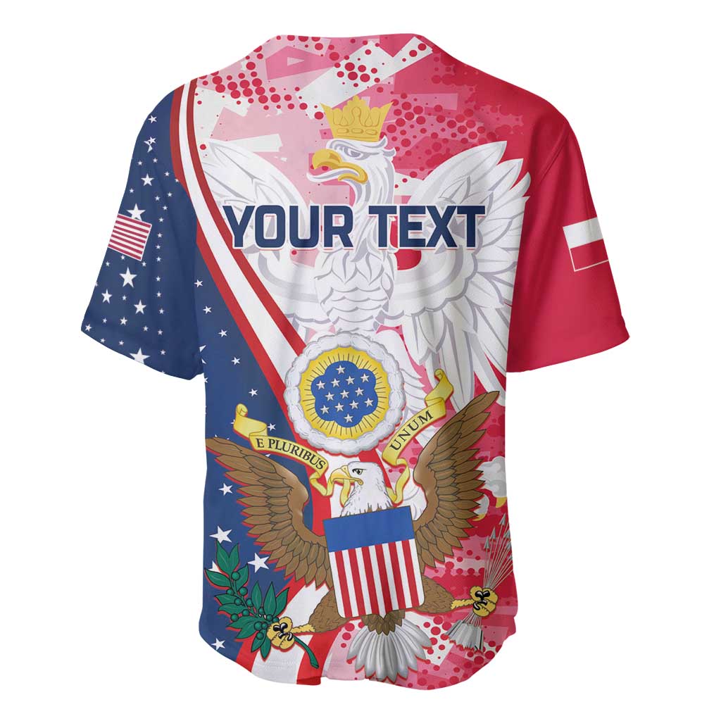 Baseball jersey in red, white, and navy with eagle graphic and “YOUR TEXT”