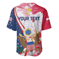 Baseball jersey in red, white, and navy with eagle graphic and “YOUR TEXT”