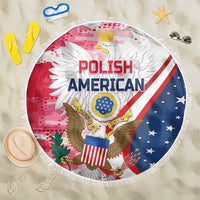 Round beach blanket with white fringe, eagle emblem graphic in red, white, and blue