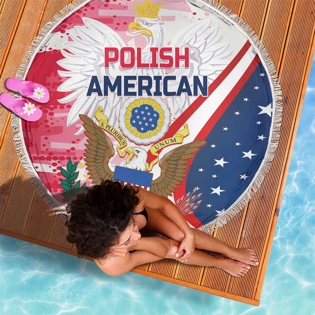 Round beach blanket with white fringe, bold eagle emblem in red, white, and blue