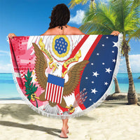 Round beach blanket with white fringe, eagle crest graphic with stars and stripes