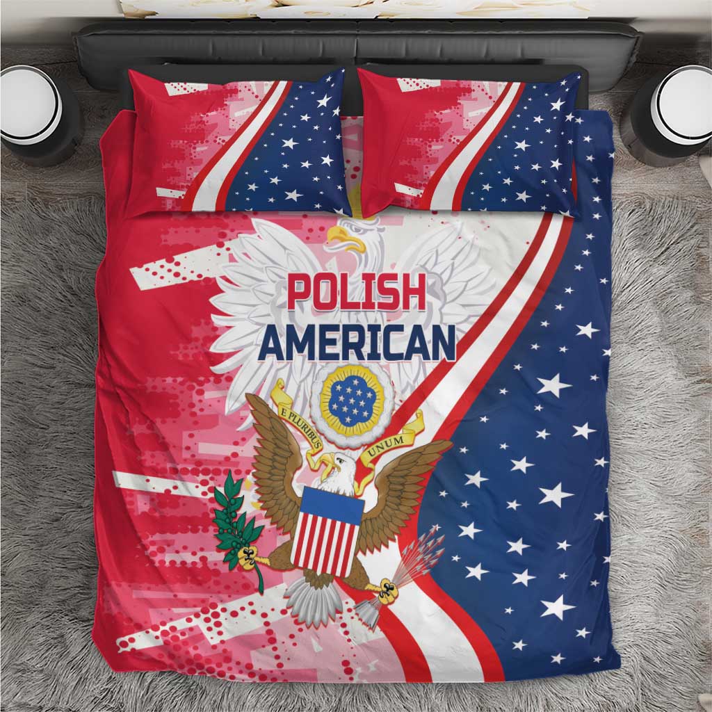 Red and blue bedding set with Polish American eagle graphic on comforter and pillow