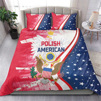 Red and blue bedding set featuring Polish American eagle graphic on comforter and pillows