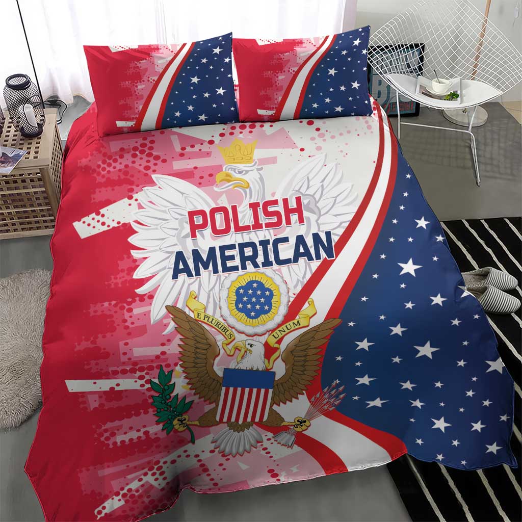 Red and blue bedding set with Polish American eagle and winged emblem on comforter
