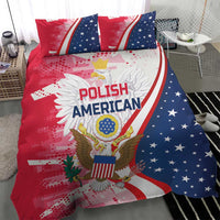Red and blue bedding set with Polish American eagle and winged emblem on comforter
