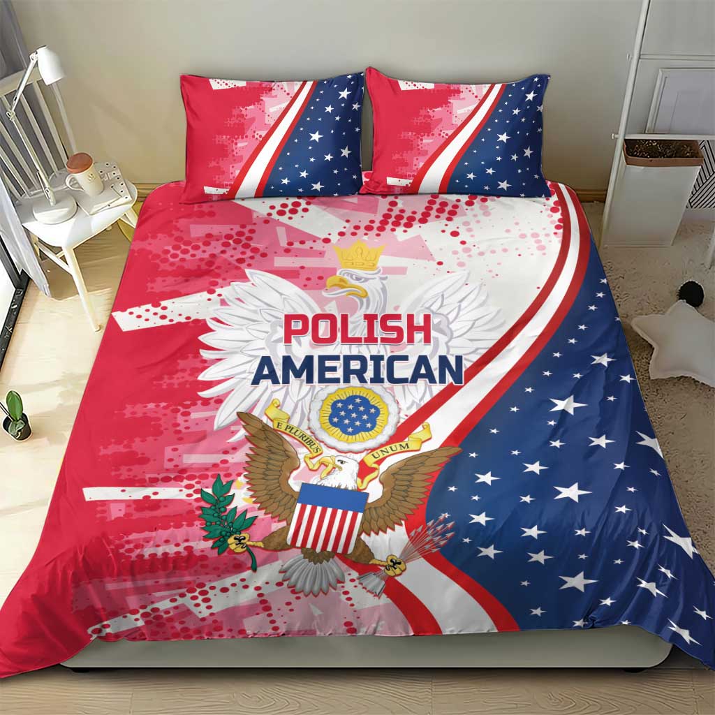 Red and blue bedding set with Polish American eagle print on comforter and two pillows