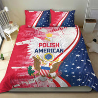 Red and blue bedding set with Polish American eagle print on comforter and two pillows