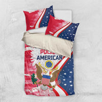 Red and blue bedding set with Polish American eagle graphic, laid out with two pillows