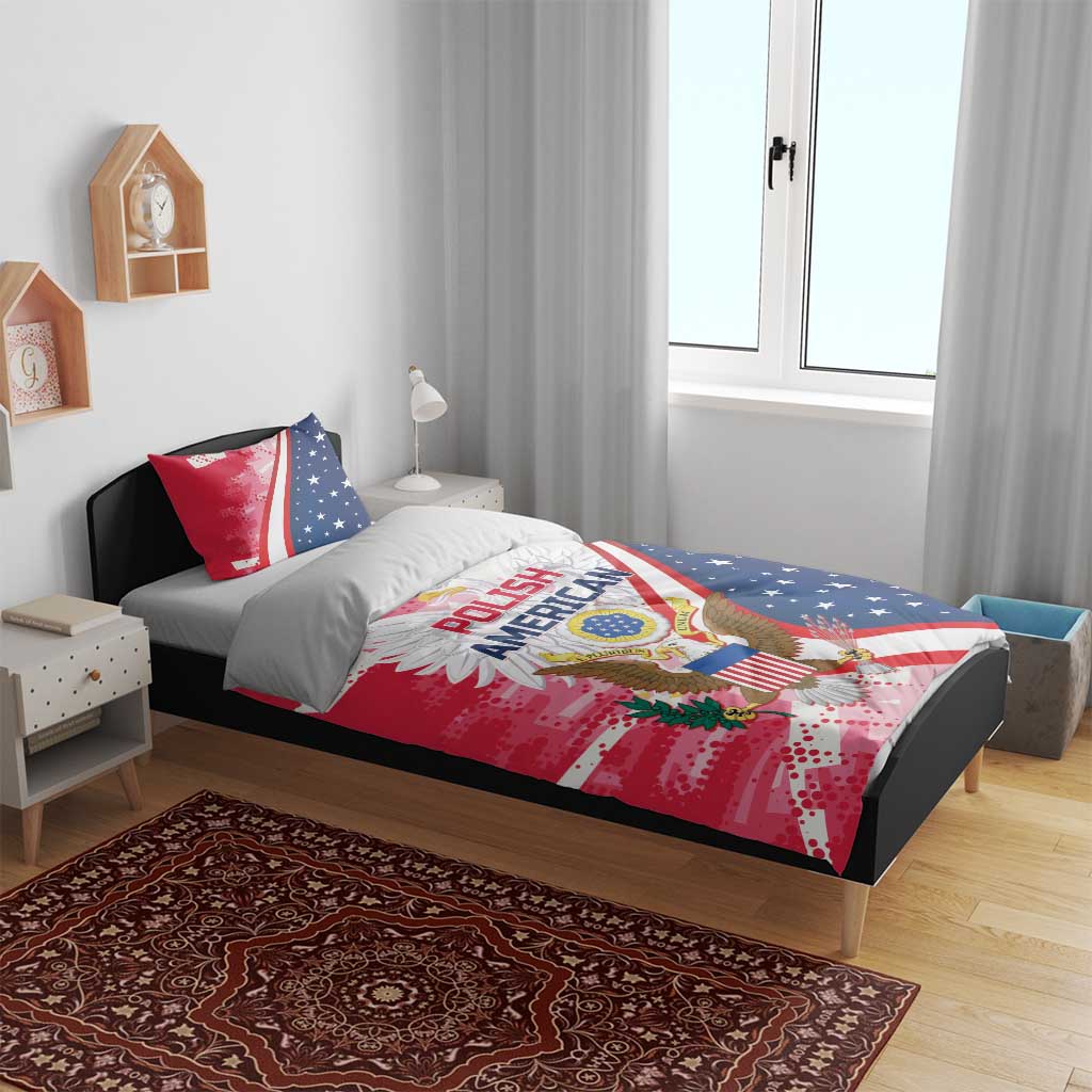 Red and blue bedding set featuring Polish American eagle emblem on comforter and pillows