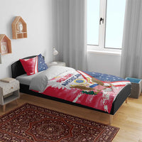 Red and blue bedding set featuring Polish American eagle emblem on comforter and pillows
